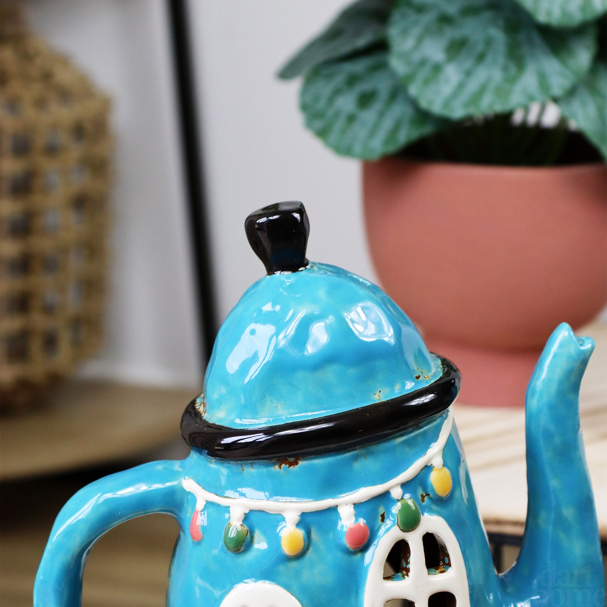 Blue Teapot House Candle Holder