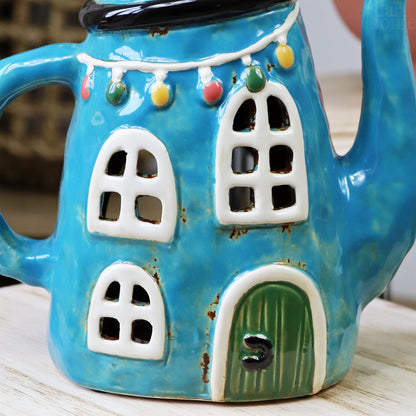 Blue Teapot House Candle Holder