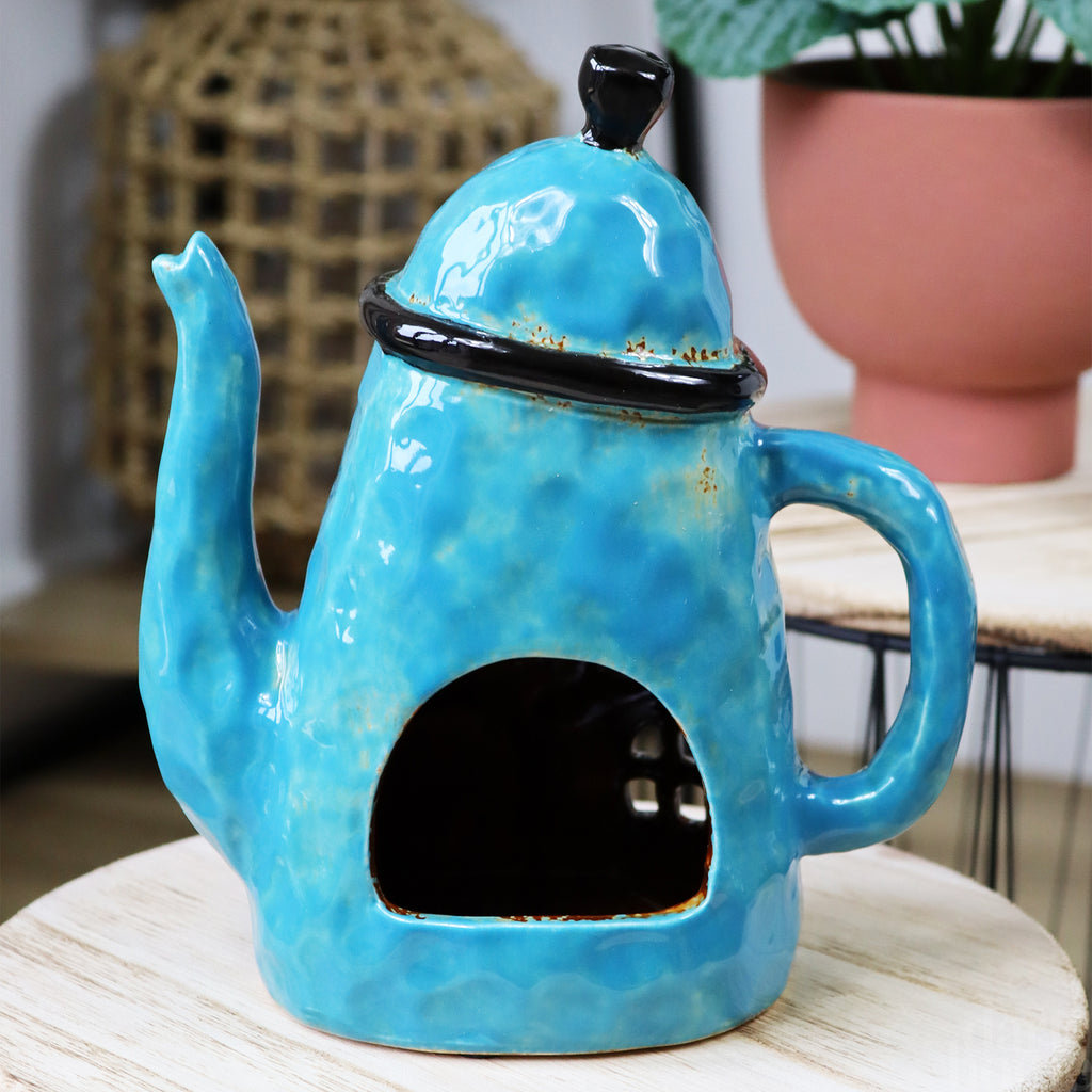 Blue Teapot House Candle Holder