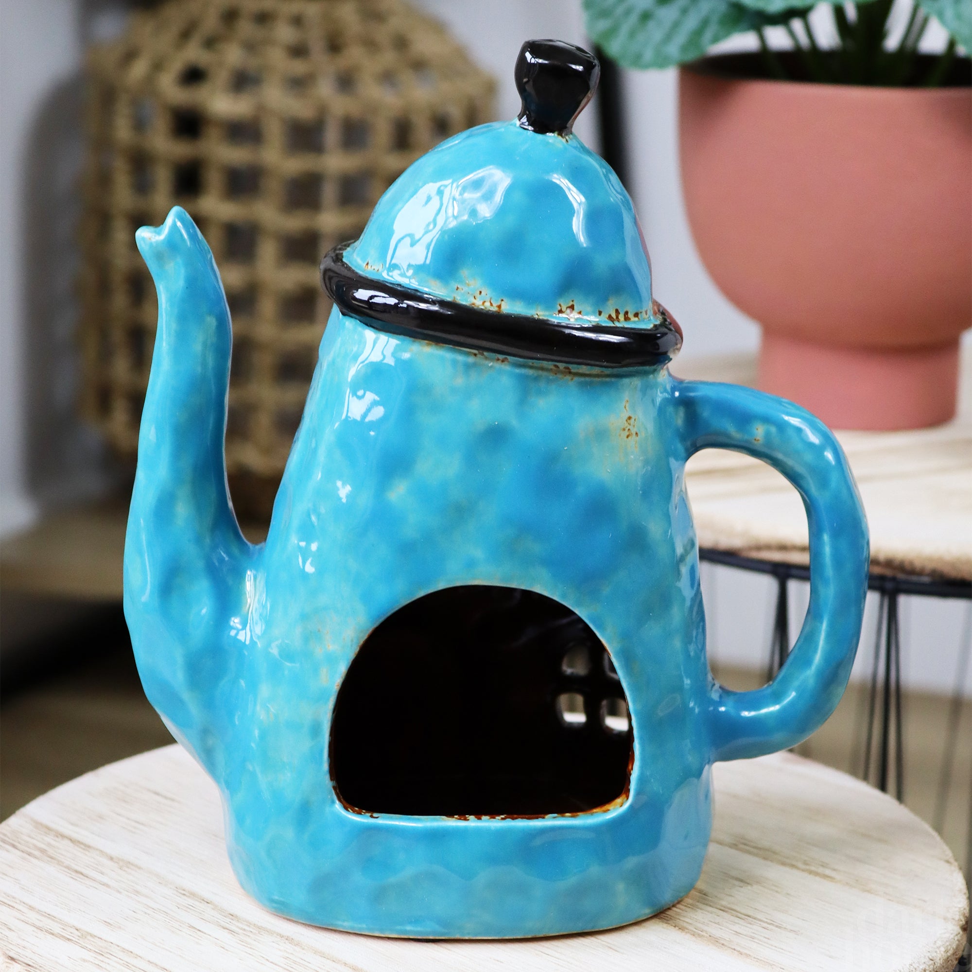 Blue Teapot House Candle Holder