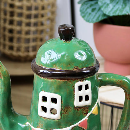Large Green Teapot House Candle Holder