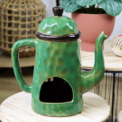 Large Green Teapot House Candle Holder