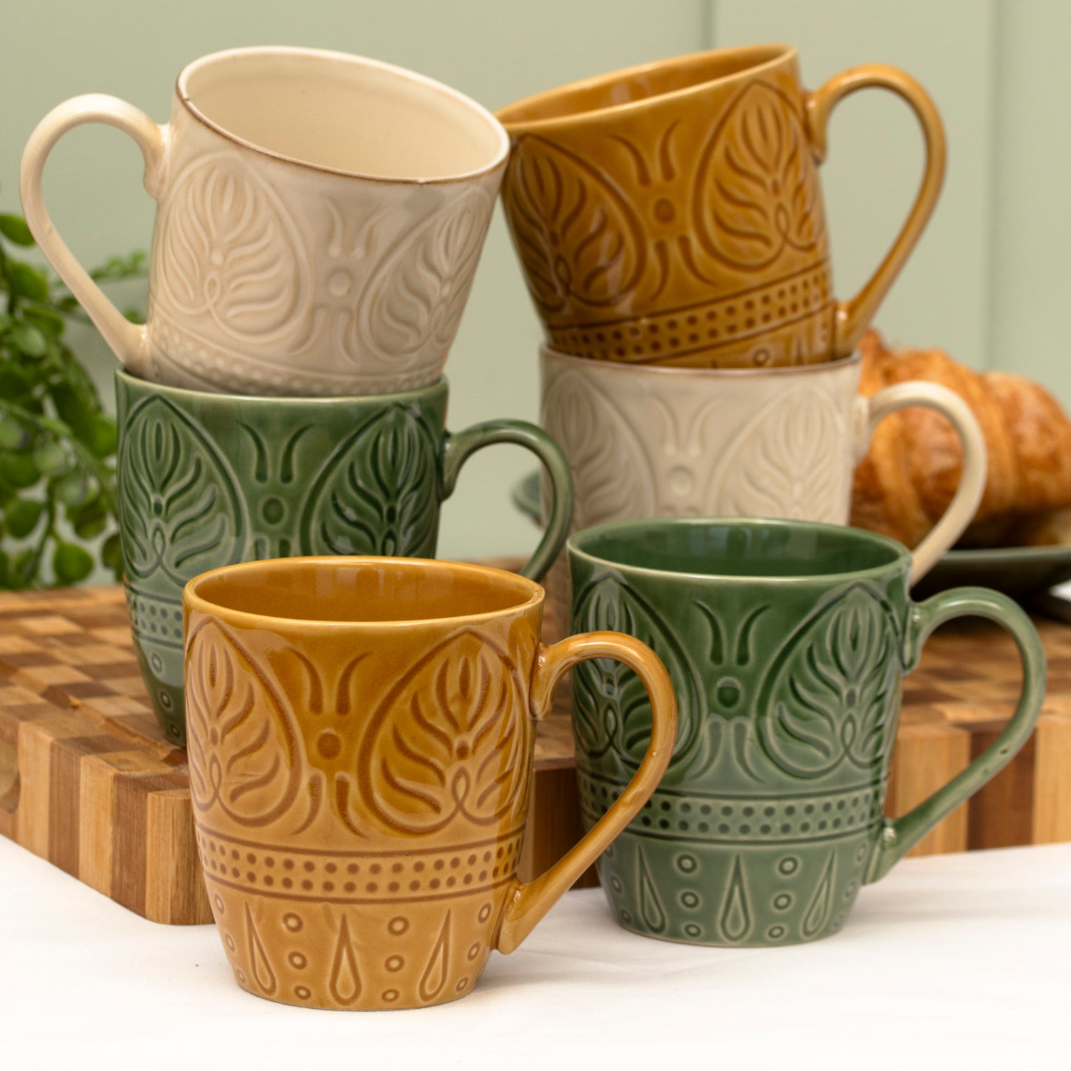 Set Of 6 Embossed Leaf Stoneware Mugs