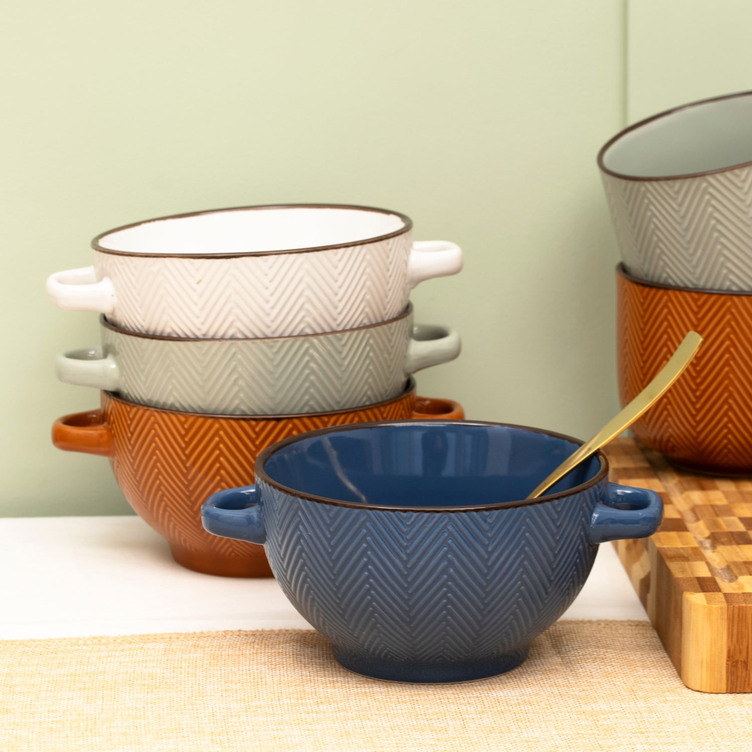 Set Of 4 Chevron Stoneware Handled Soup Bowls