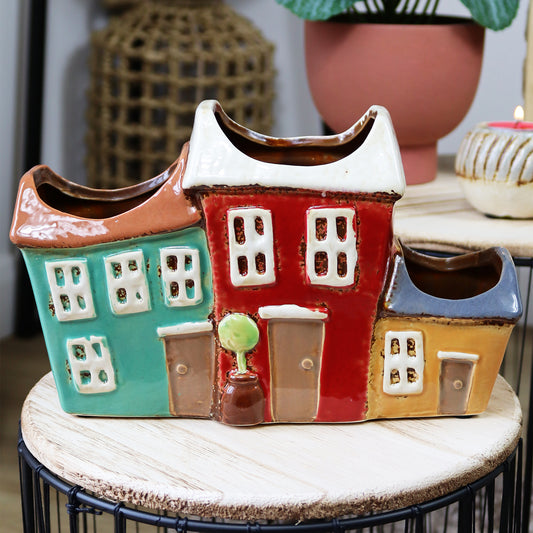 Three Colourful Terraced Houses Plant Pot