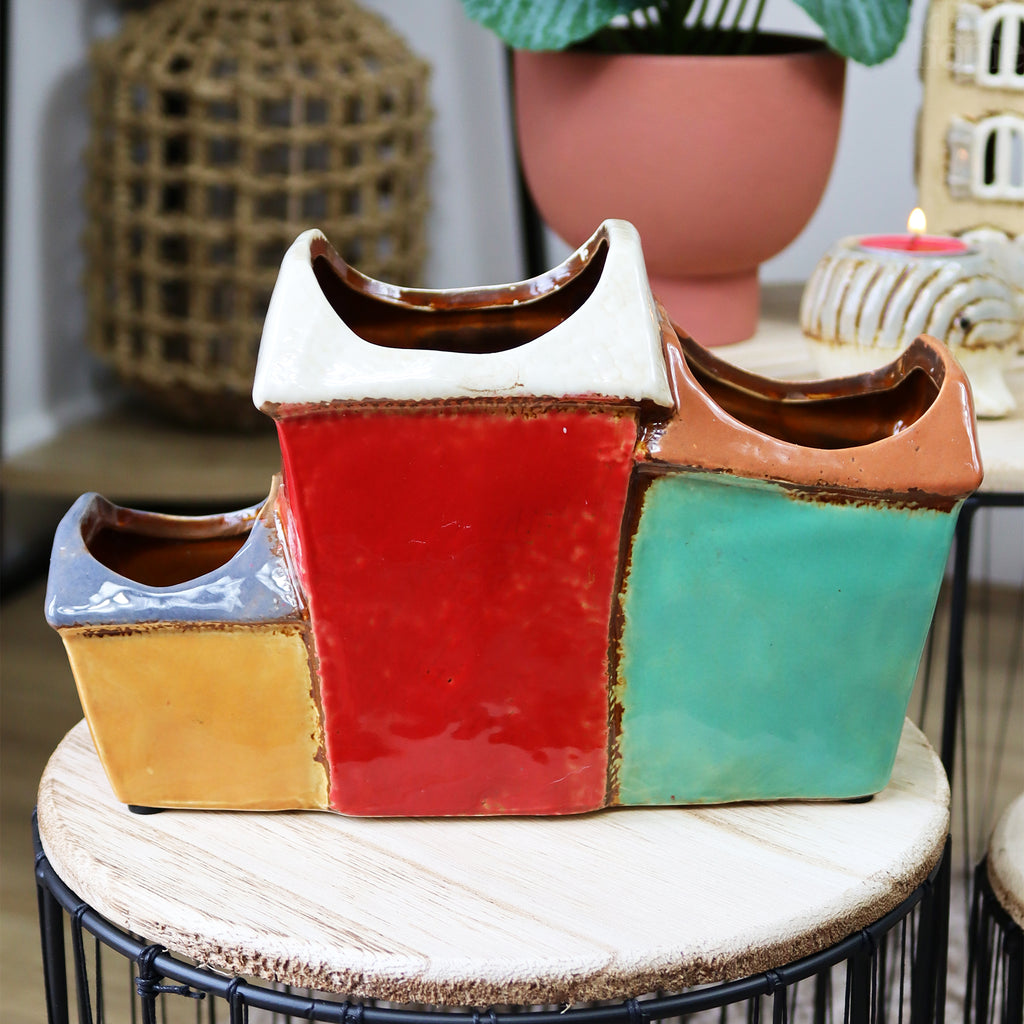 Three Colourful Terraced Houses Plant Pot