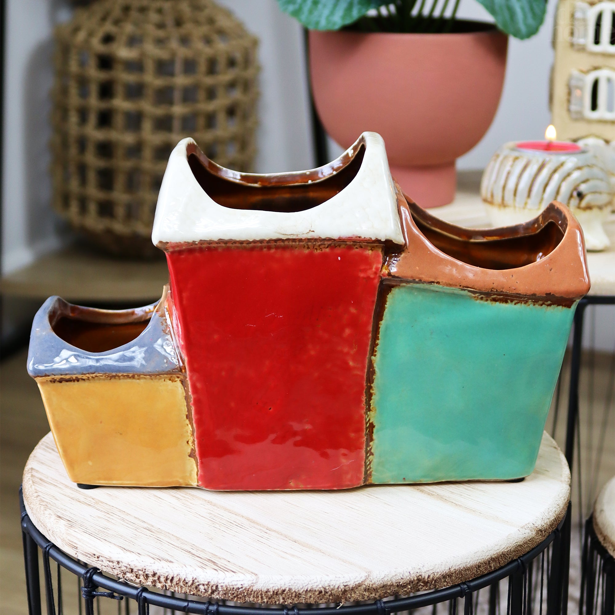 Three Colourful Terraced Houses Plant Pot