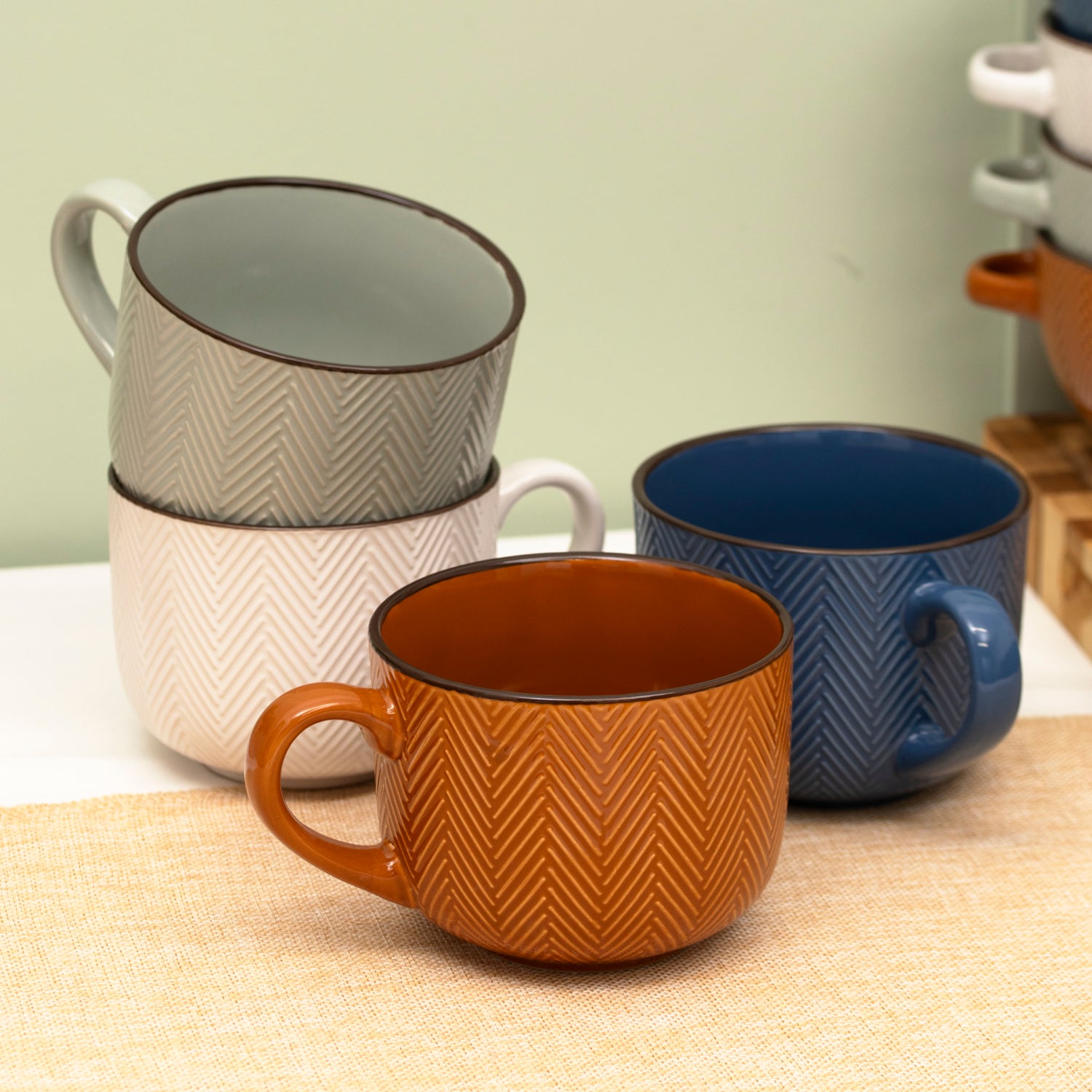 Set Of 4 Chevron Stoneware Mugs