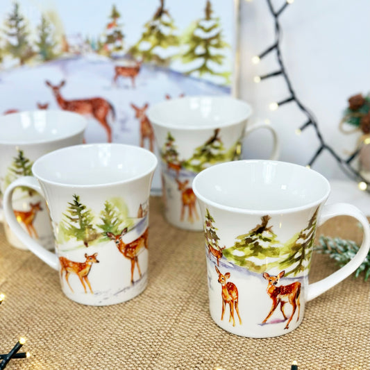 Set Of 4 Deer Family Mugs Giftboxed