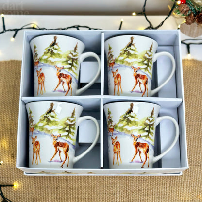 Set Of 4 Deer Family Mugs Giftboxed