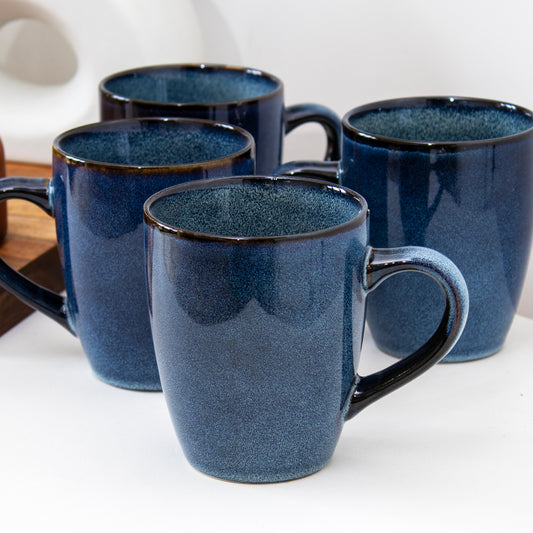 Set Of 4 Blue Reactive Glaze Stoneware Mugs 350ml