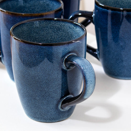 Set Of 4 Blue Reactive Glaze Stoneware Mugs 350ml