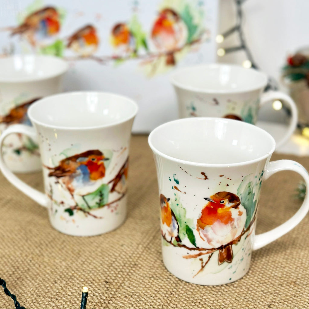 Set Of 4 Winter Robins Mugs Giftboxed