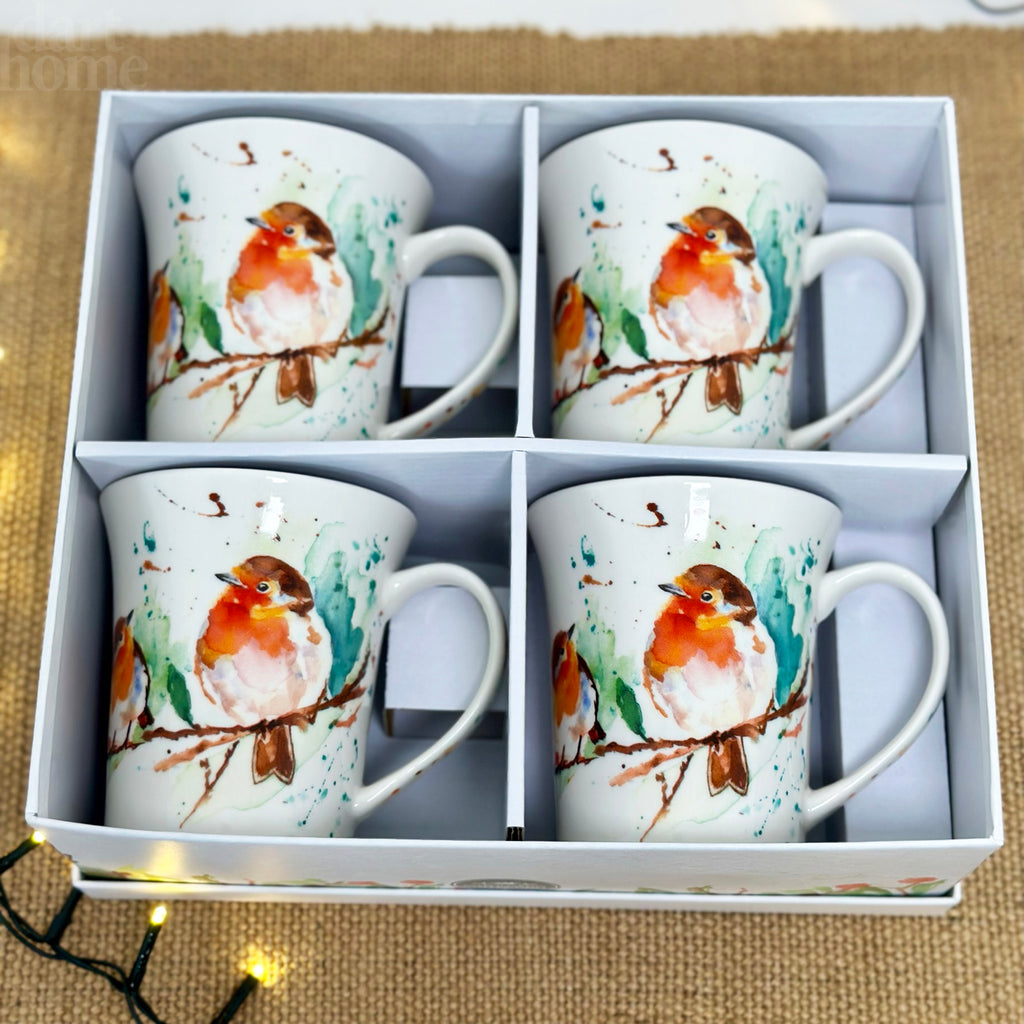 Set Of 4 Winter Robins Mugs Giftboxed