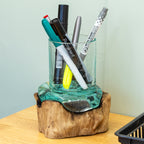 Molten Glass Pen Pot On Teak Root Stand