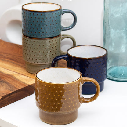 Set Of 4 Reactive Glaze Dotty Stacking Mugs