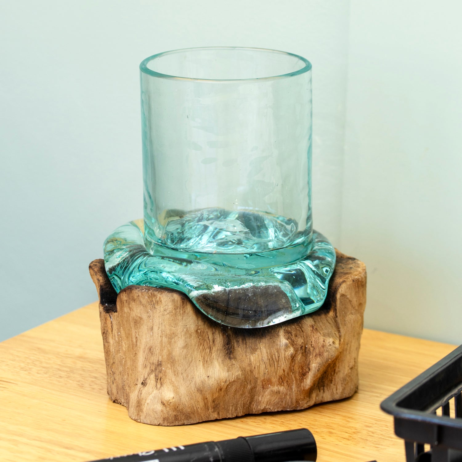 Molten Glass Pen Pot On Teak Root Stand