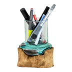 Molten Glass Pen Pot On Teak Root Stand