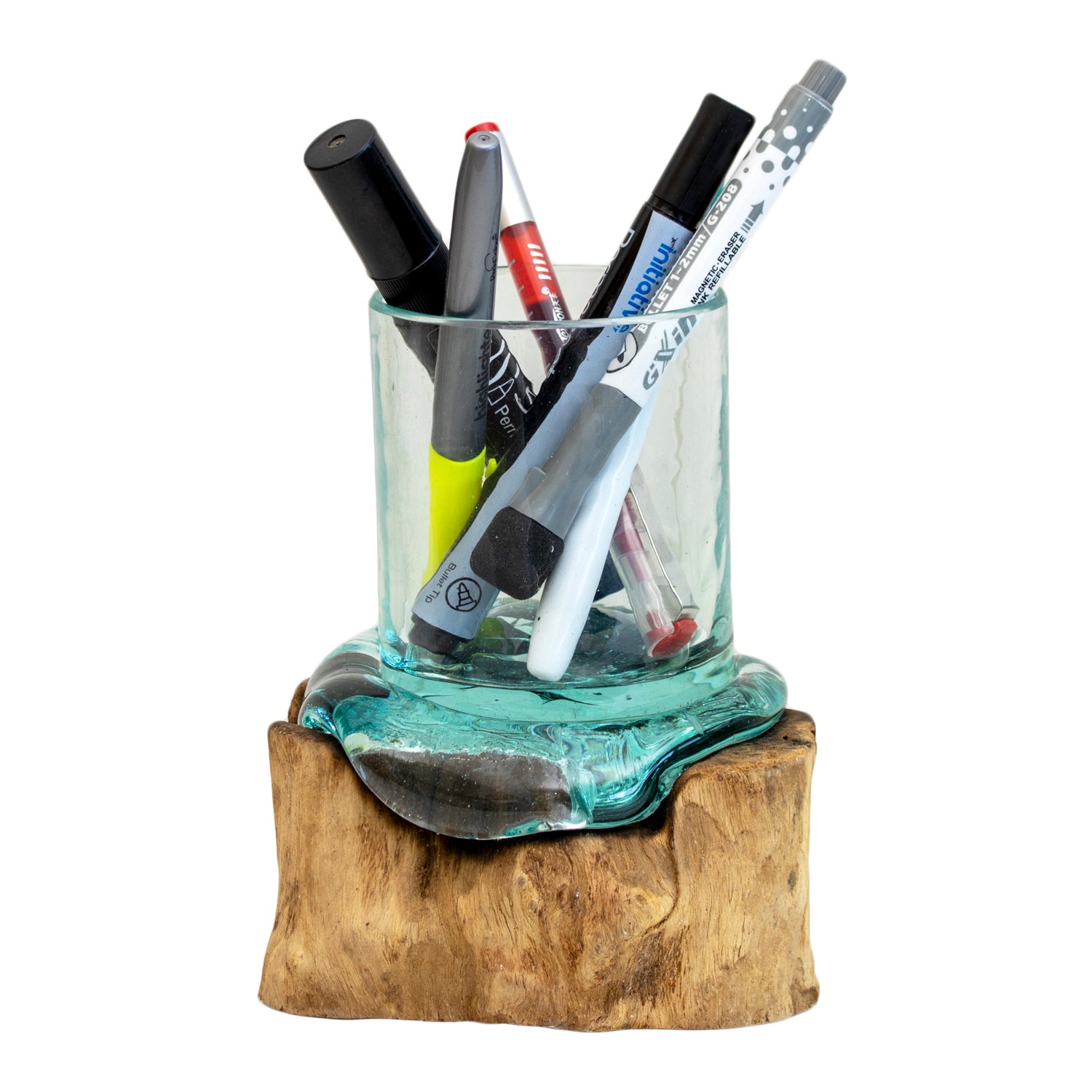 Molten Glass Pen Pot On Teak Root Stand