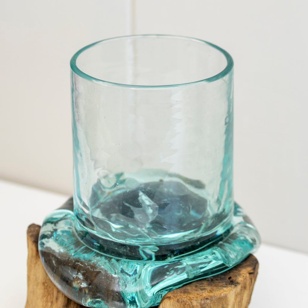 Molten Glass Pen Pot On Teak Root Stand