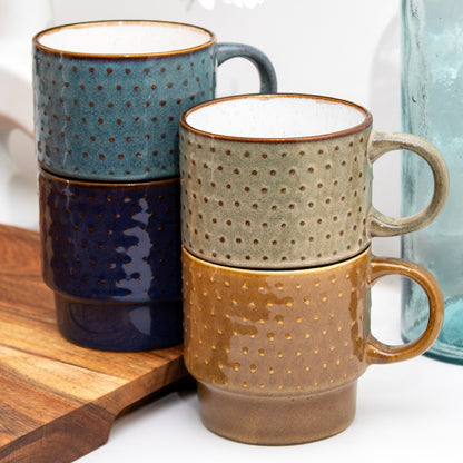 Set Of 4 Reactive Glaze Dotty Stacking Mugs