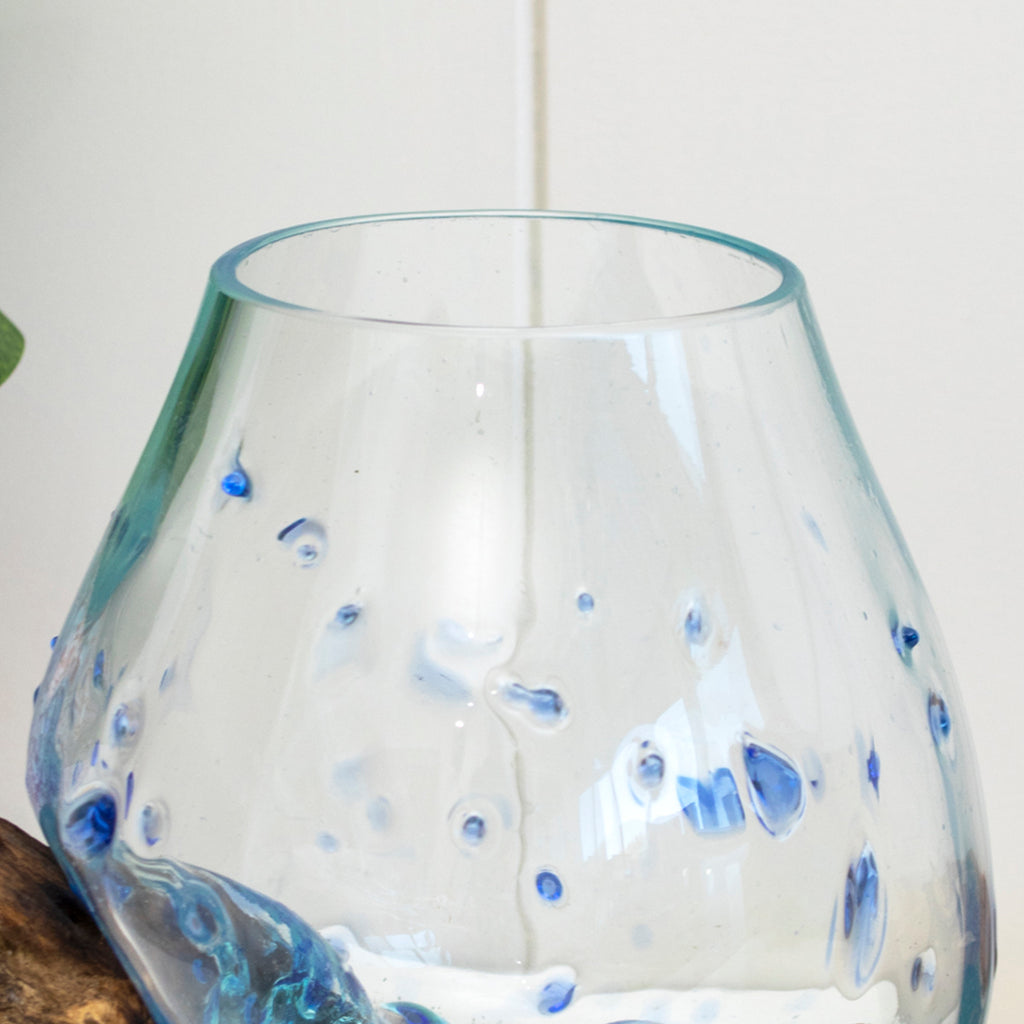 Blue Dimple Molten Glass Bowl On Teak Root Stand
