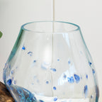 Blue Dimple Molten Glass Bowl On Teak Root Stand