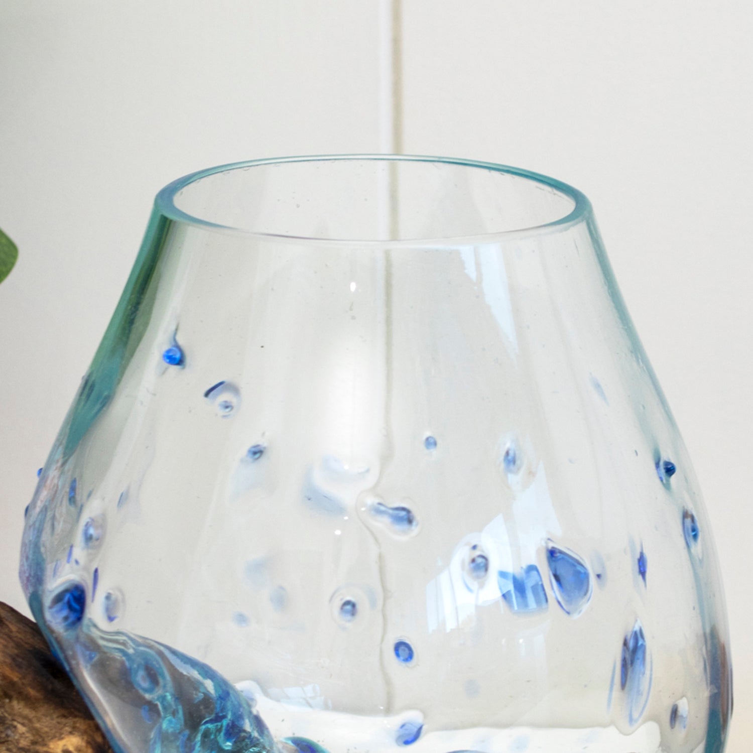 Blue Dimple Molten Glass Bowl On Teak Root Stand