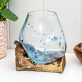 Blue Dimple Molten Glass Bowl On Teak Root Stand