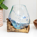 Blue Dimple Molten Glass Bowl On Teak Root Stand