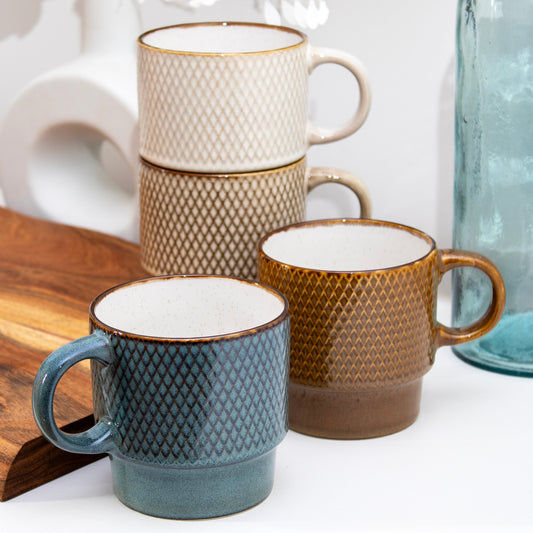 Set Of 4 Reactive Glaze Diamond Stacking Mugs