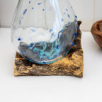 Blue Dimple Molten Glass Bowl On Teak Root Stand
