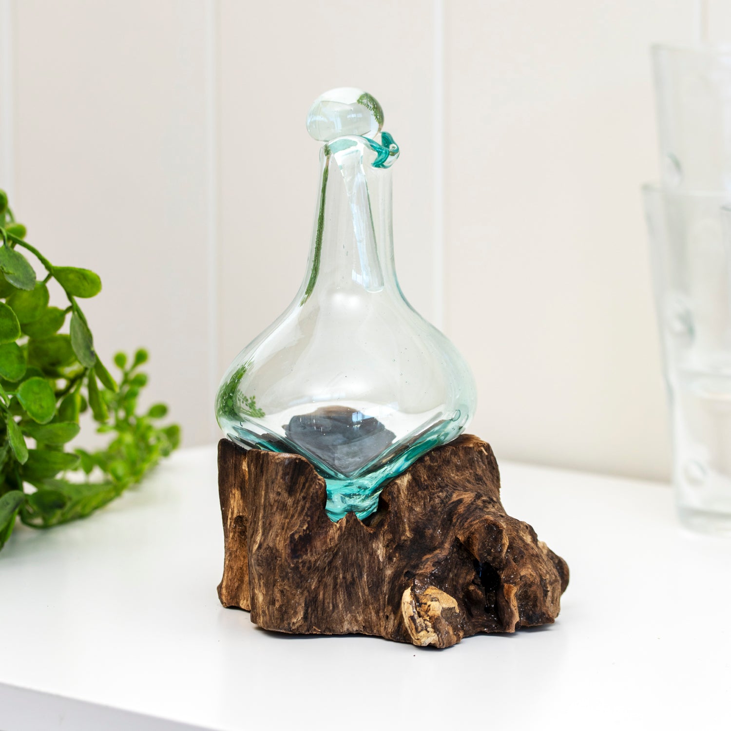 Mini Molten Glass Decanter Teak Root Stand