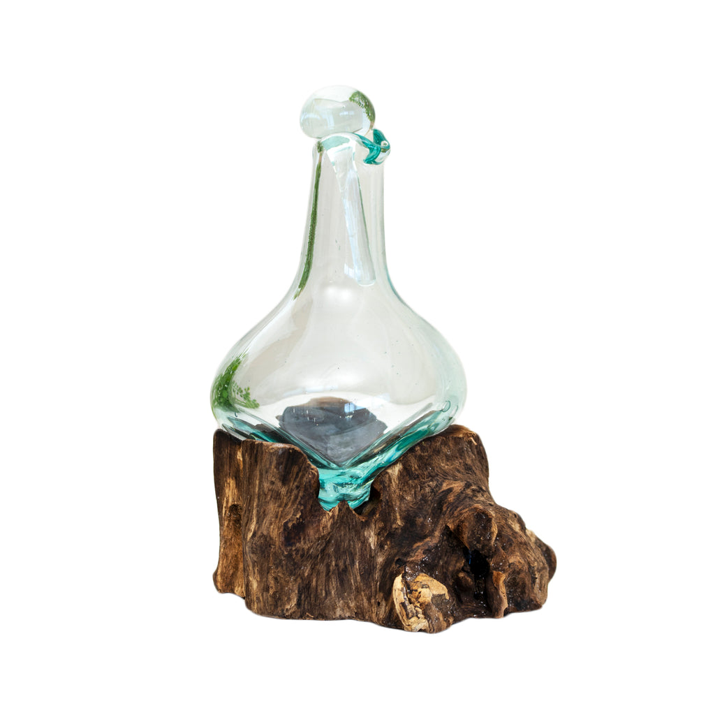 Mini Molten Glass Decanter Teak Root Stand