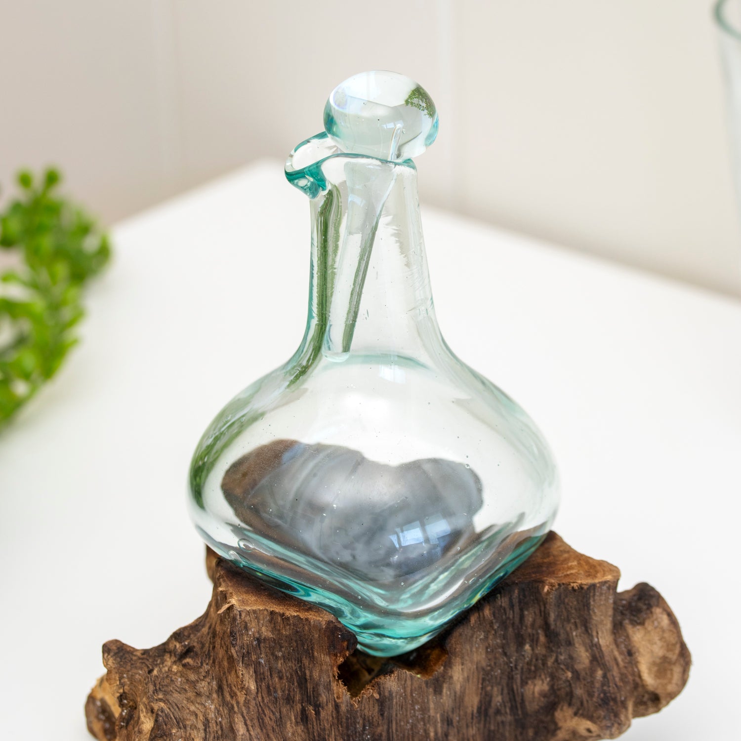 Mini Molten Glass Decanter Teak Root Stand