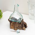 Mini Molten Glass Decanter Teak Root Stand
