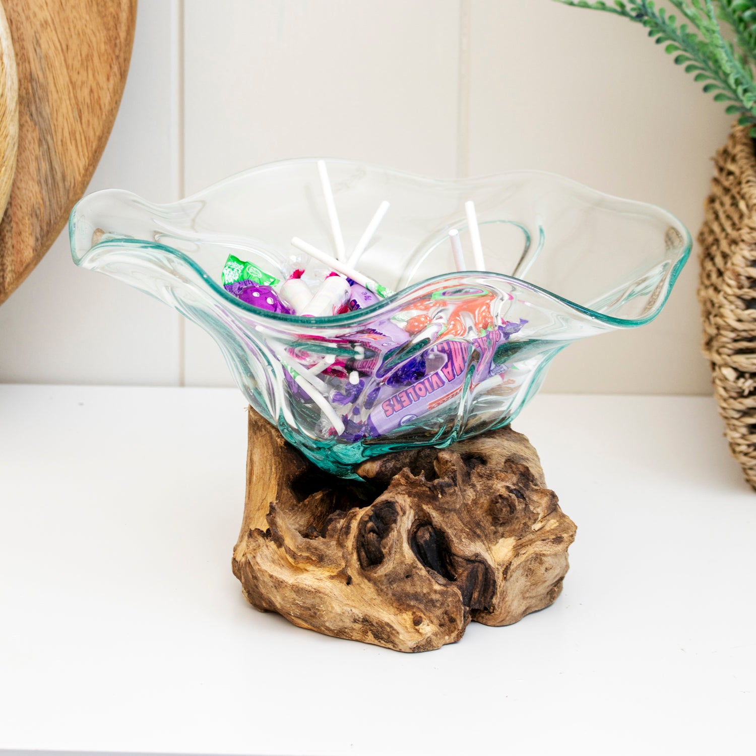 Teak Root With Flower Shaped Molten Glass Bowl