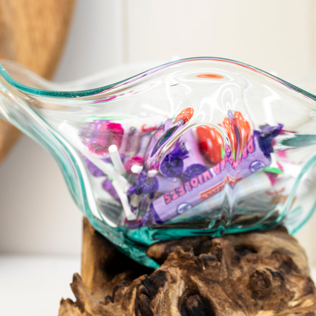 Teak Root With Flower Shaped Molten Glass Bowl