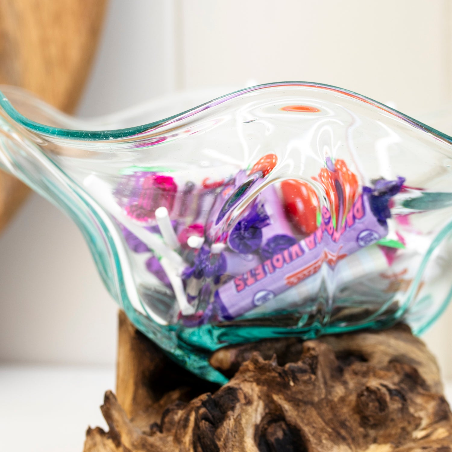 Teak Root With Flower Shaped Molten Glass Bowl