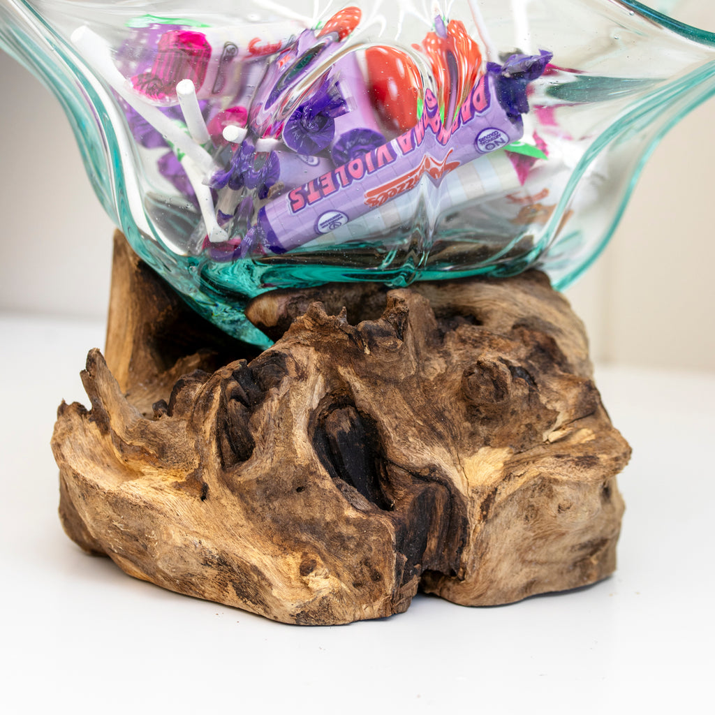 Teak Root With Flower Shaped Molten Glass Bowl
