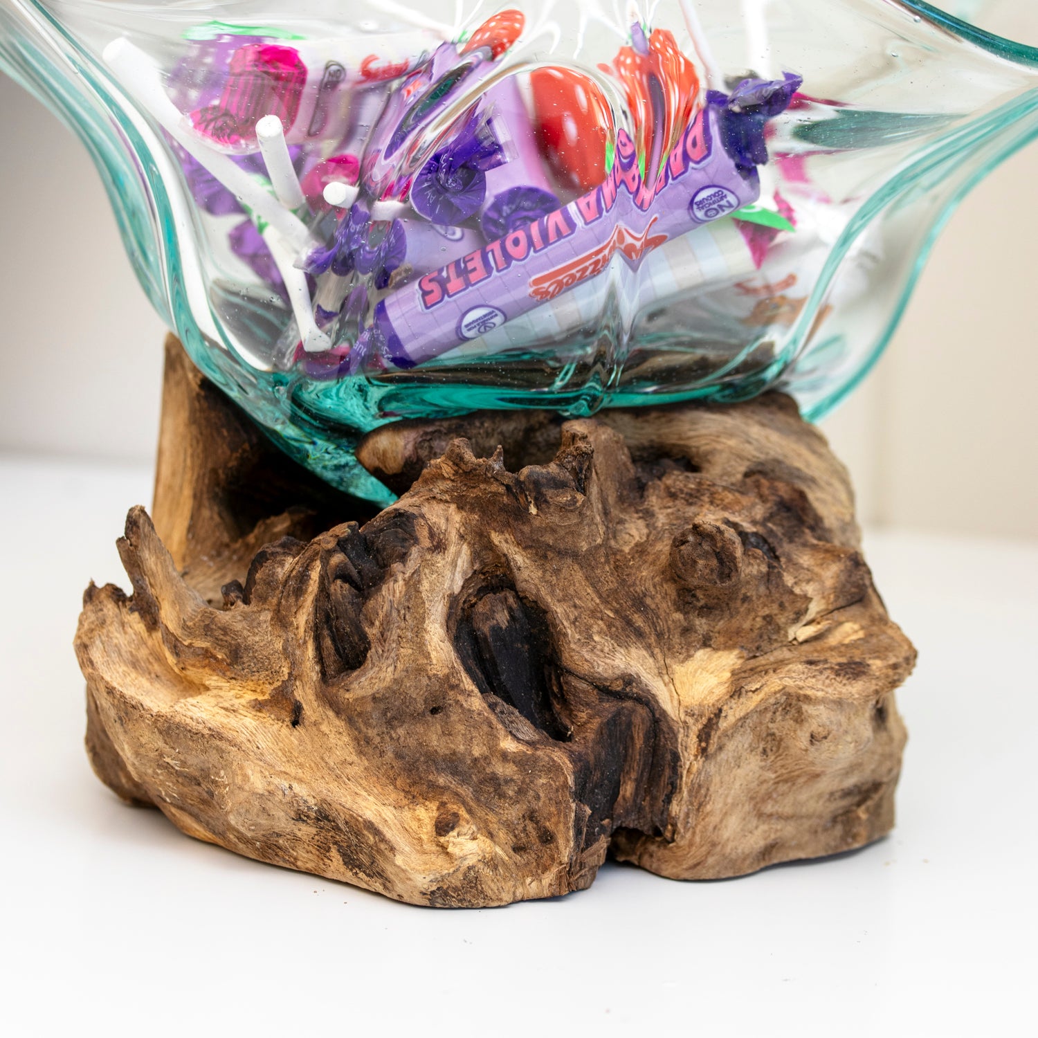 Teak Root With Flower Shaped Molten Glass Bowl