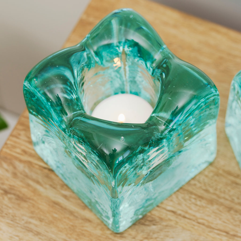 Set Of 2 Molten Glass Ice Cube Tea Light Holders
