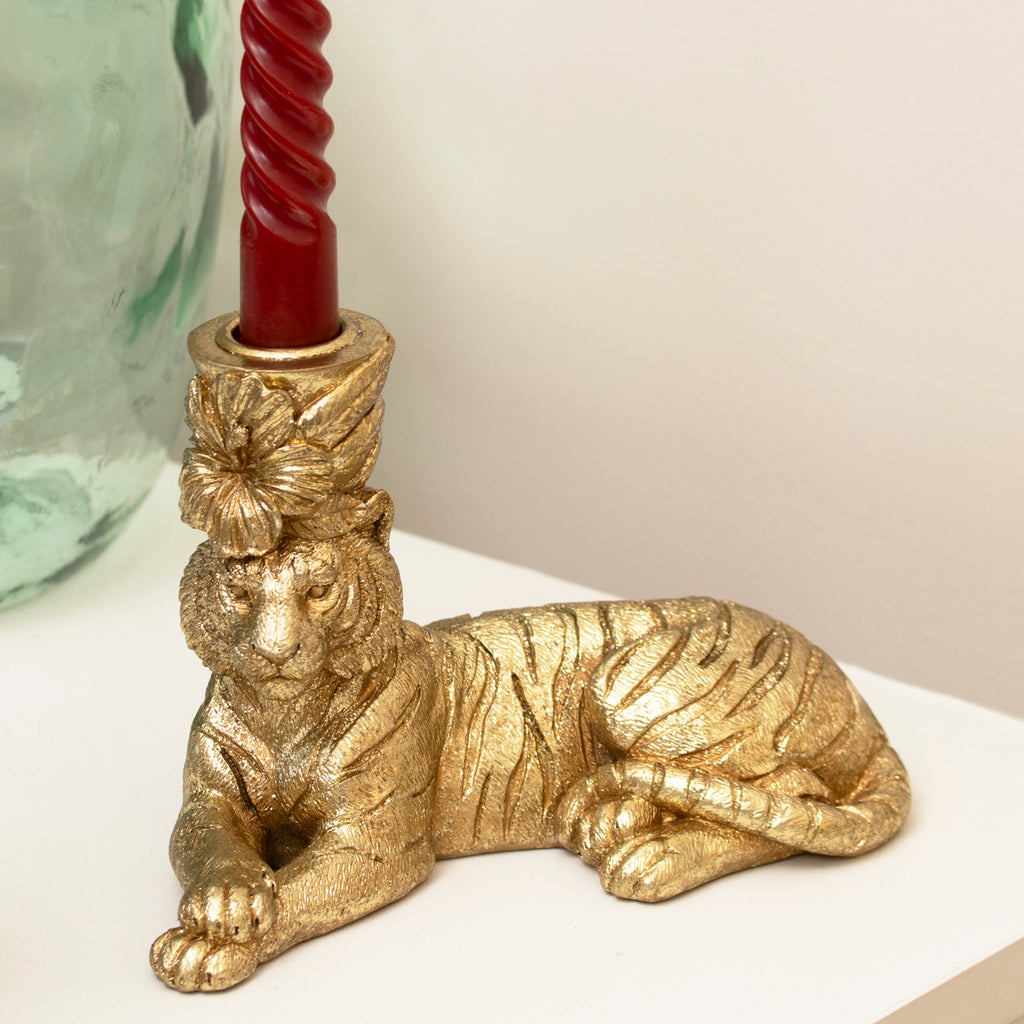 Laying Gold Tiger Candlestick Holder