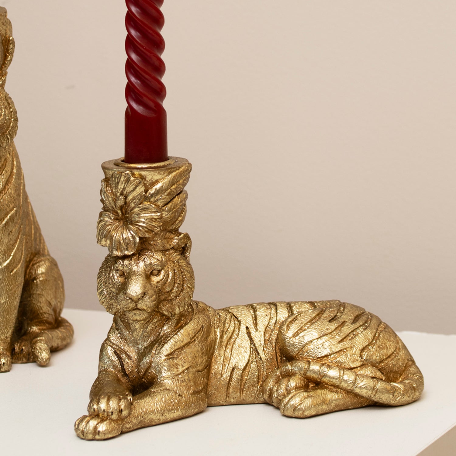 Set Of 2 Gold Tiger Candlestick Holders