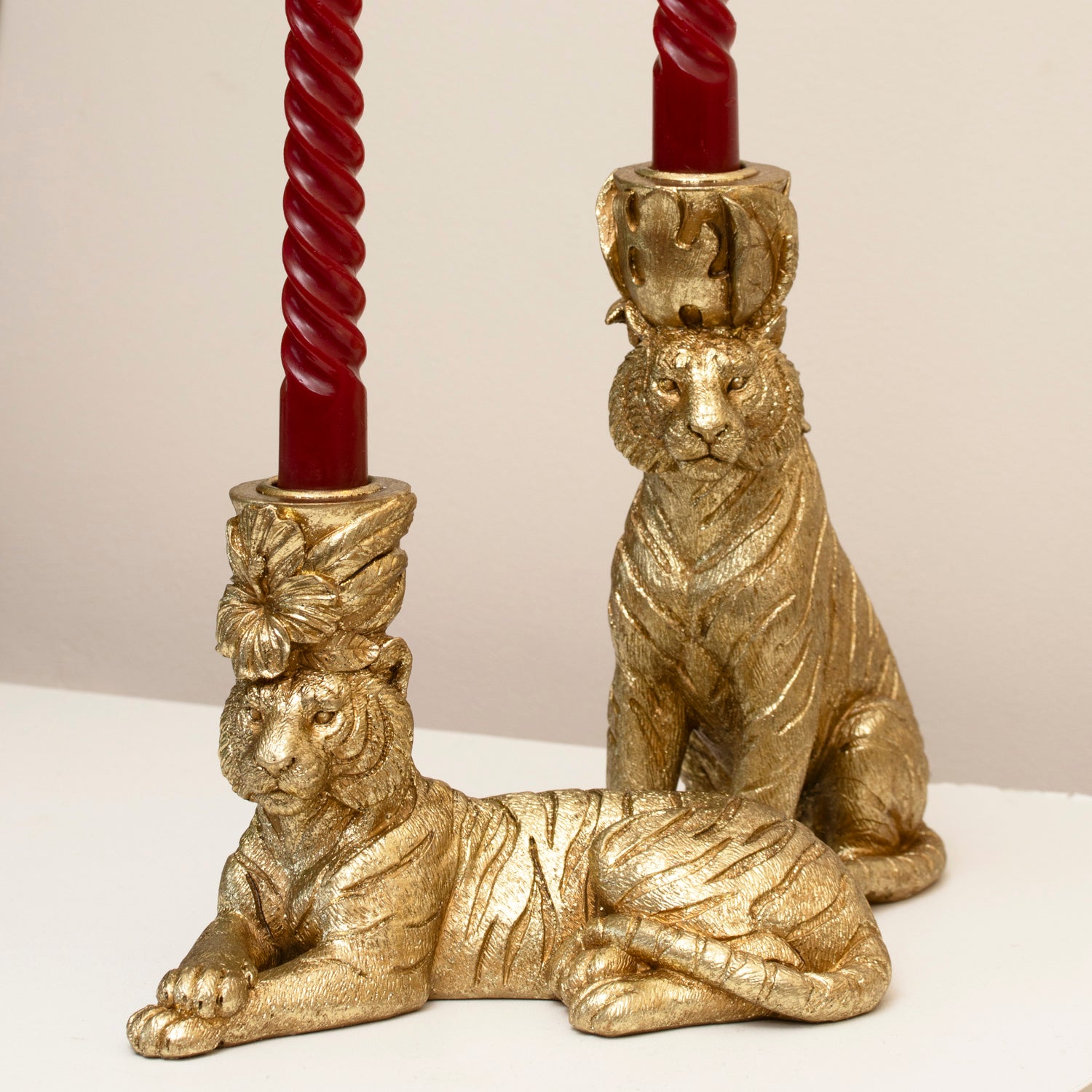 Set Of 2 Gold Tiger Candlestick Holders