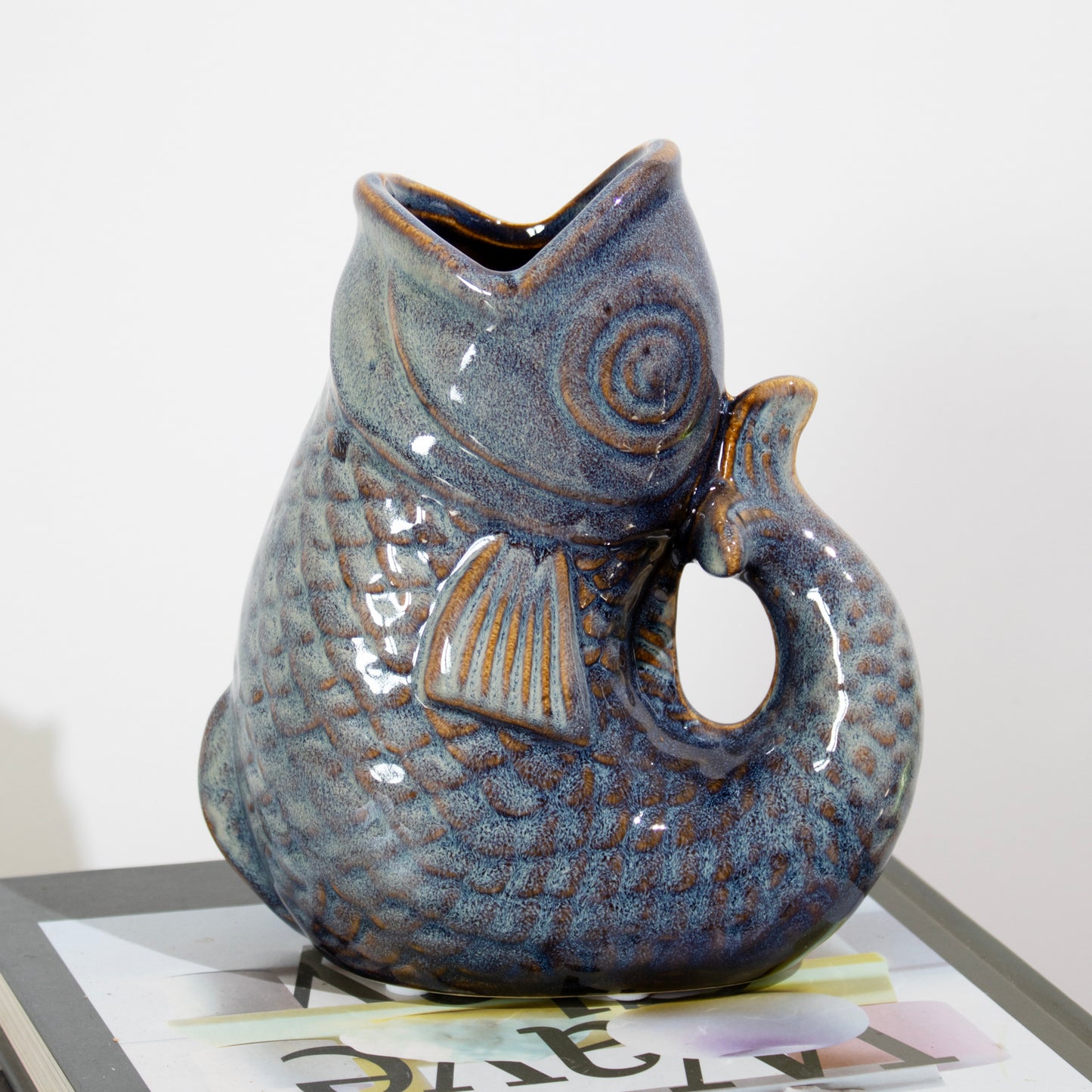 Blue Reactive Glaze Small Fish Glug Jug