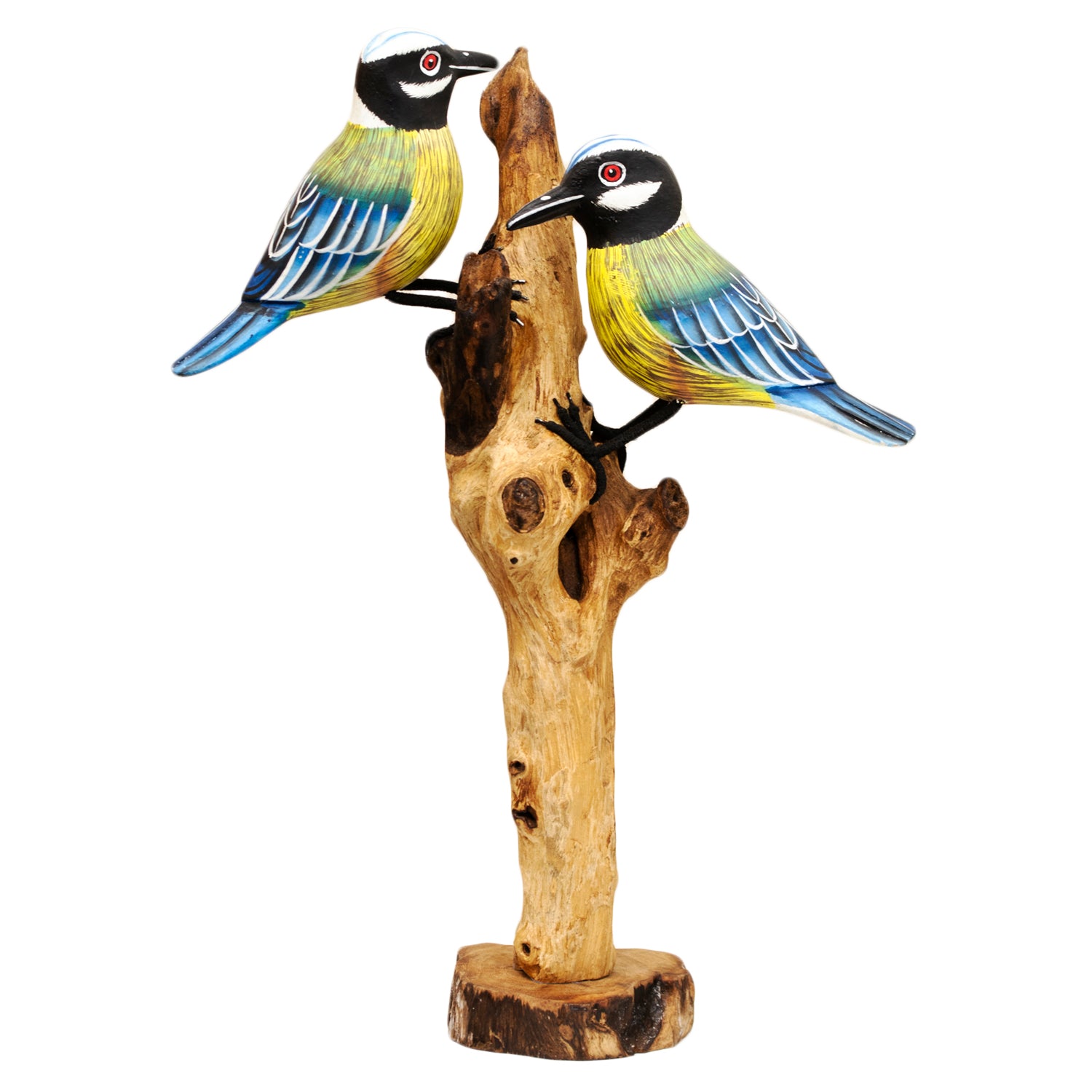 Foraging Blue Tits On Teak Root Tree Sculpture