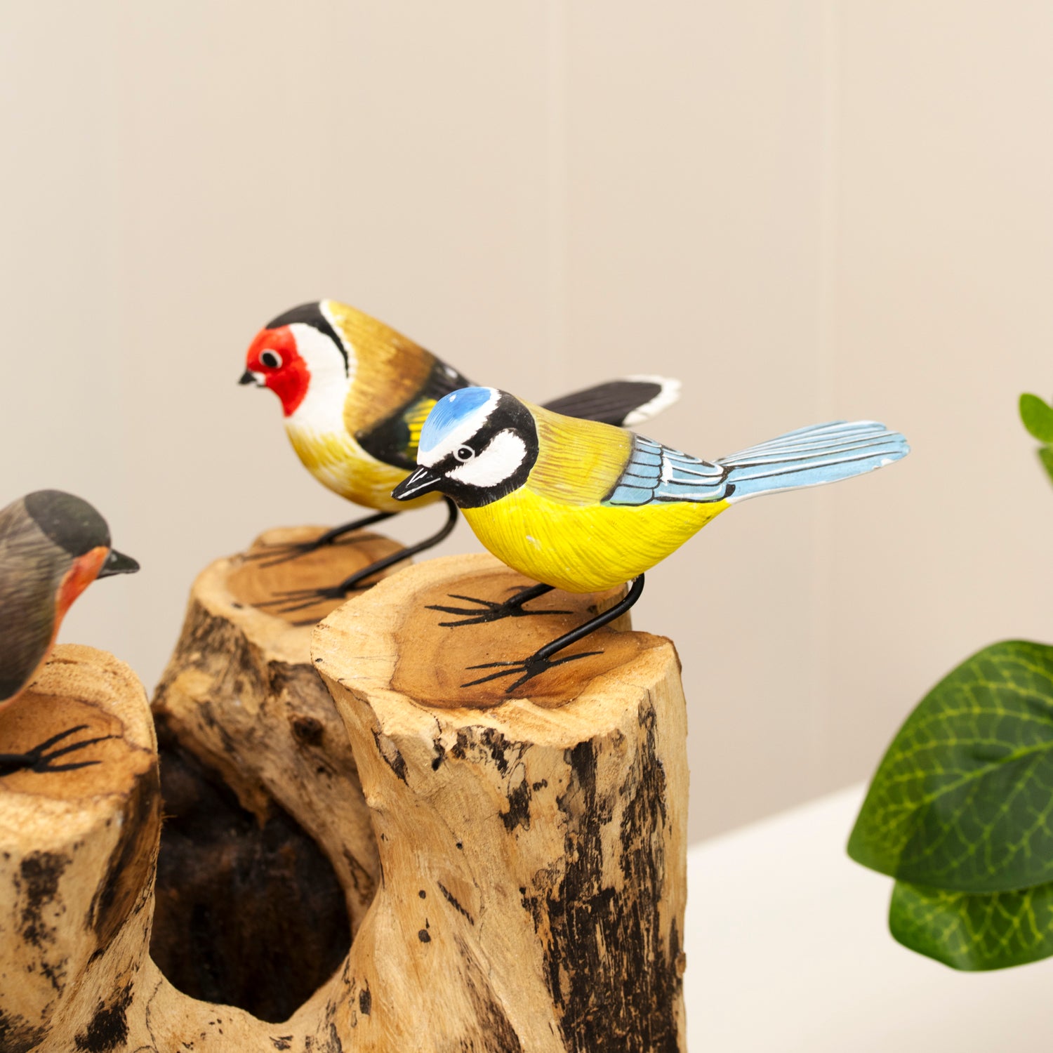 4 Hand Carved Birds On Driftwood Sculpture