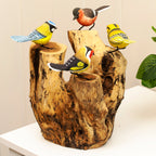 4 Hand Carved Birds On Driftwood Sculpture