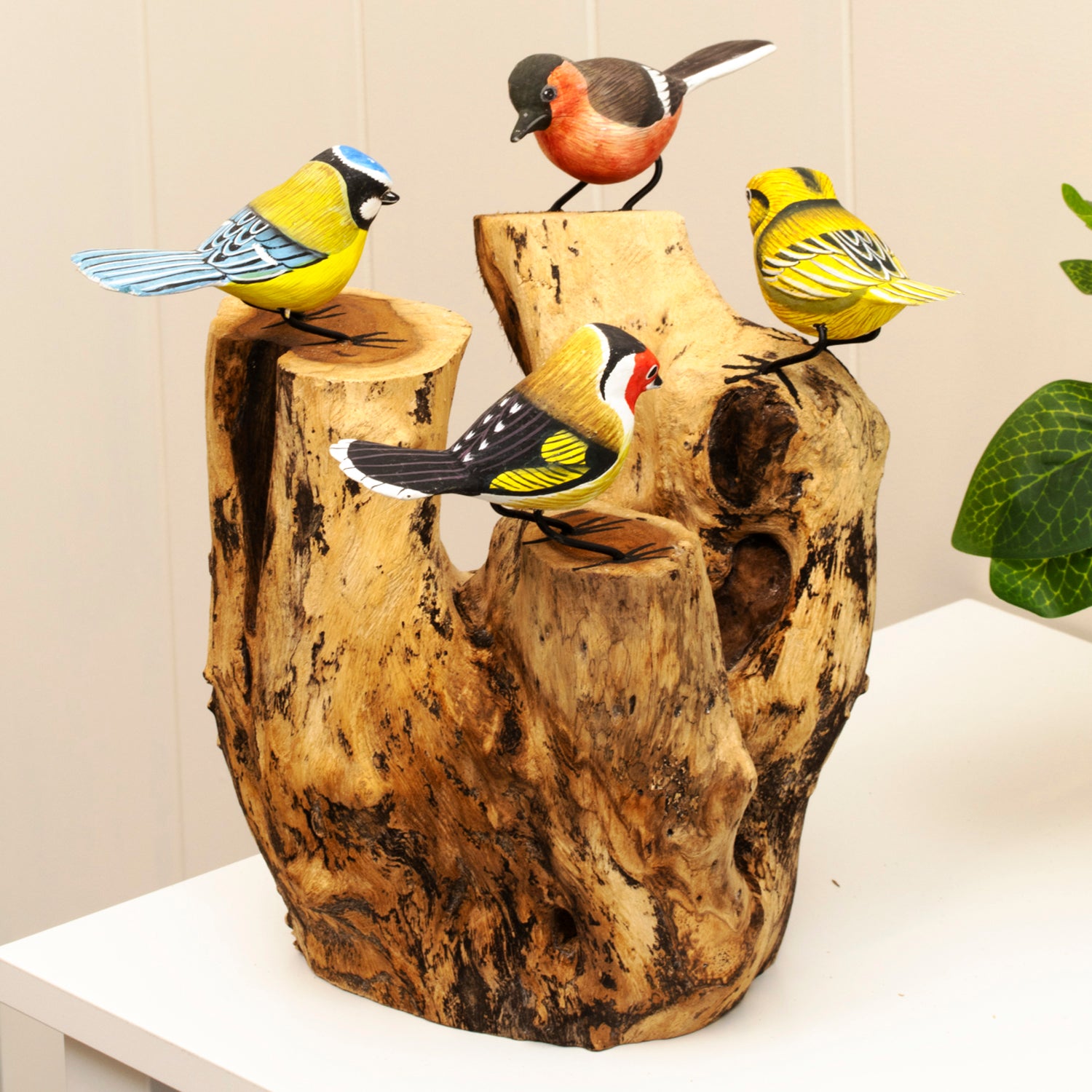 4 Hand Carved Birds On Driftwood Sculpture